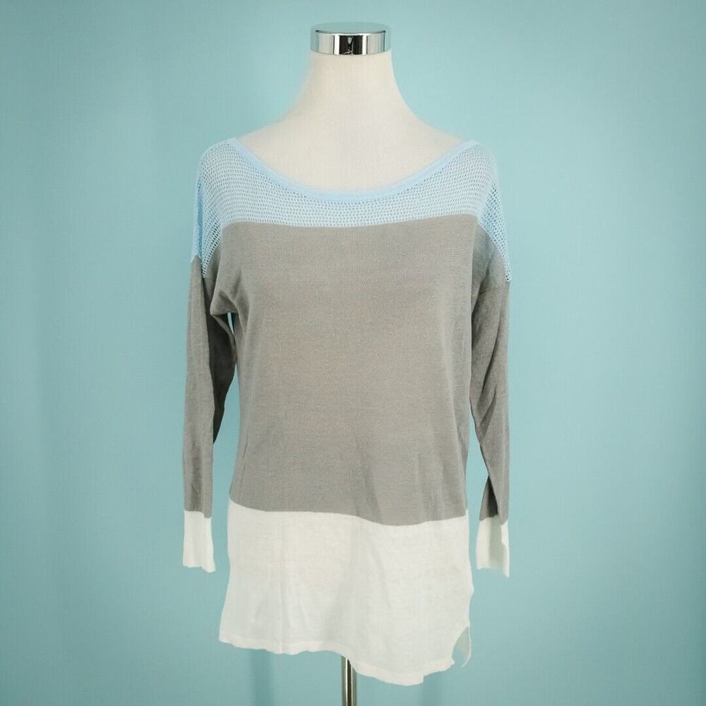 Pure Amici Size XS Blue White Gray Colorblock Open Knit Boat Neck Linen Sweater